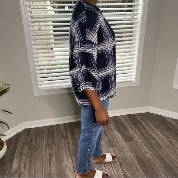 2/$20 Maggie & Max Blue Plaid Puff Sleeve Top - Picture 4 of 16